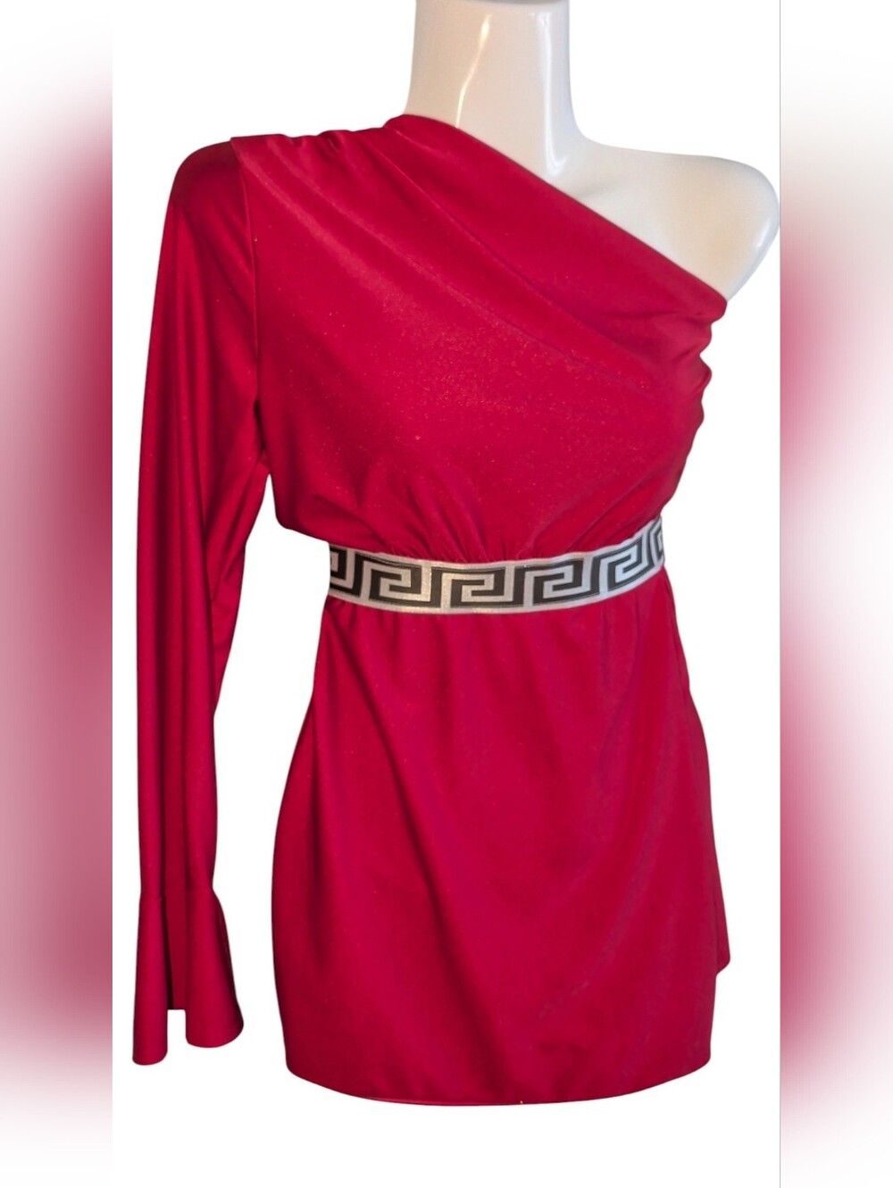One-Shoulder Red Dress Skort with Geo Metallic Waistband